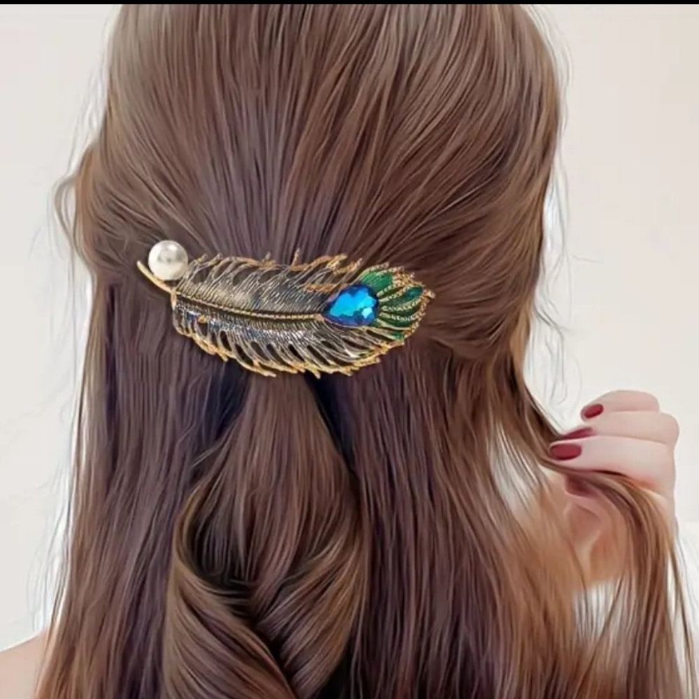 SILVER and  BLUE  Feather Hair Accessory with Peacock Design - Picture 5 of 5